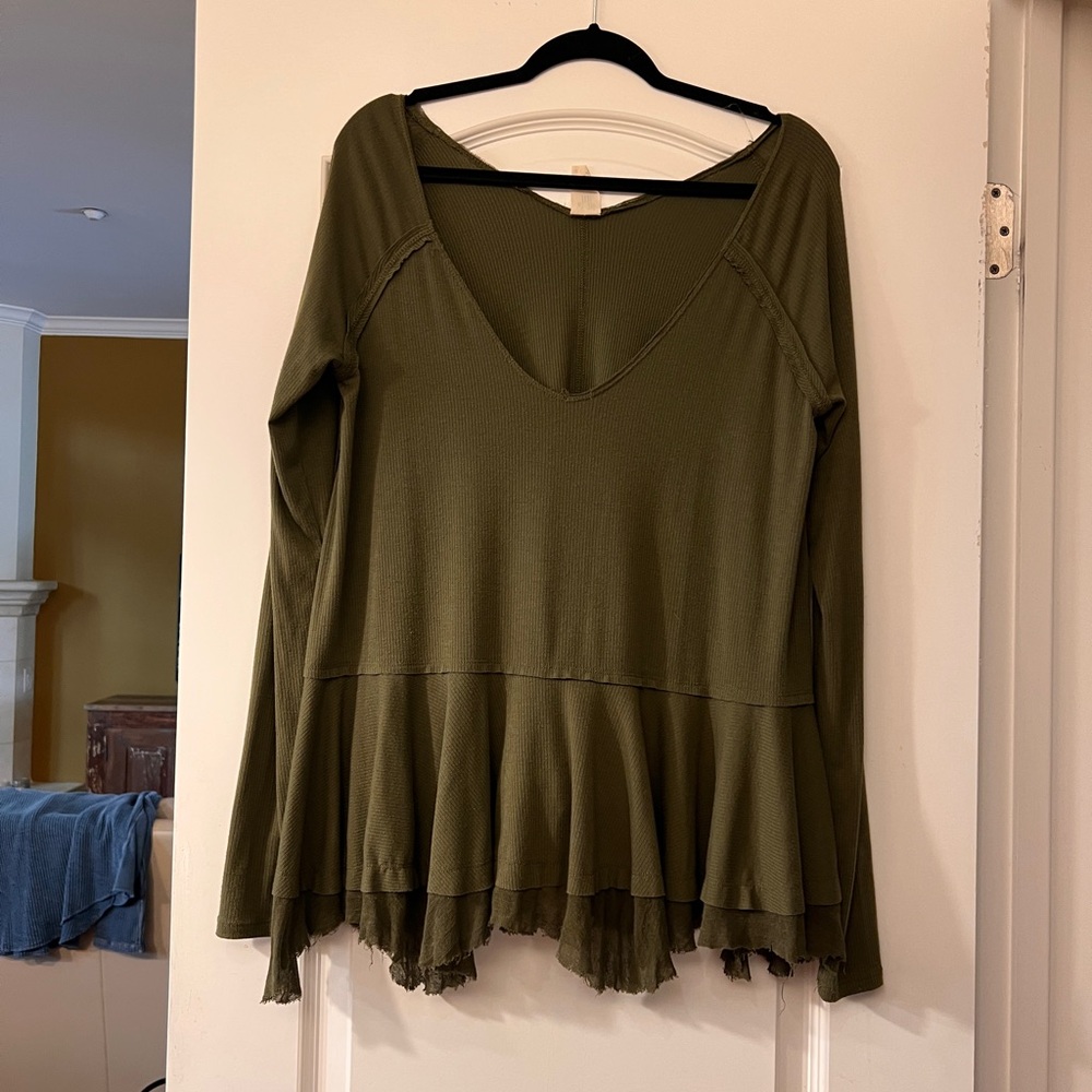 Free People We the Free Olive Green Long-Sleeve Peplum Top - Size Asmall